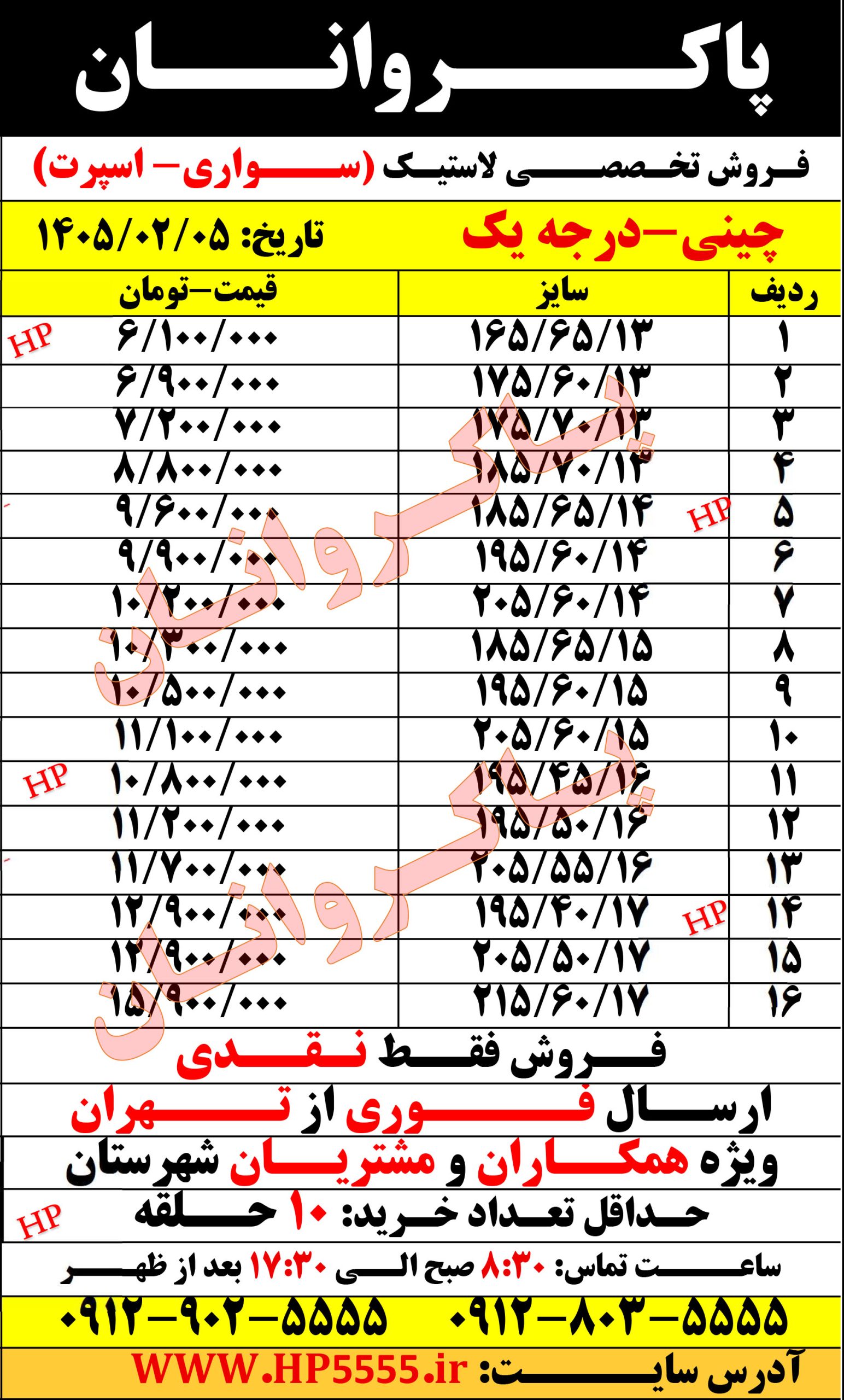 لیست قیمت لاستیک سواری-اسپورت چینی درجه 1